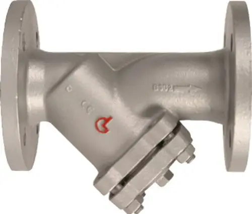 Schmutzfänger aus Edelstahl mit flanschen Anschlüssen, angebaut zur Filtration von Schmutzpartikeln in Rohrleitungen, Marke Bosch.